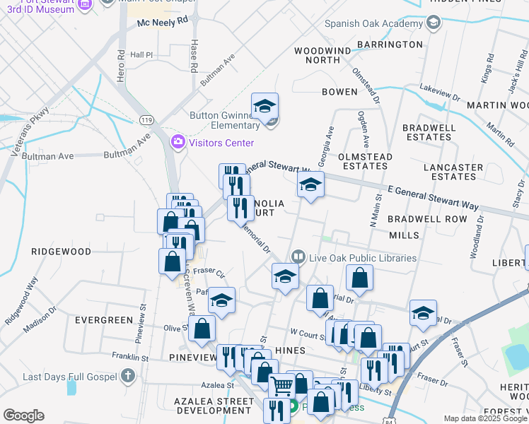 map of restaurants, bars, coffee shops, grocery stores, and more near 224 Magnolia Plantation Court in Hinesville