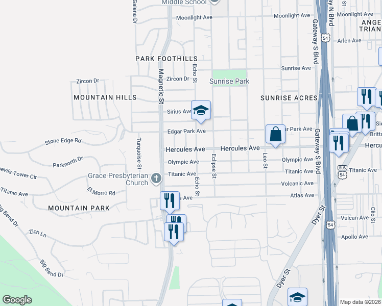 map of restaurants, bars, coffee shops, grocery stores, and more near 3505 Olympic Avenue in El Paso