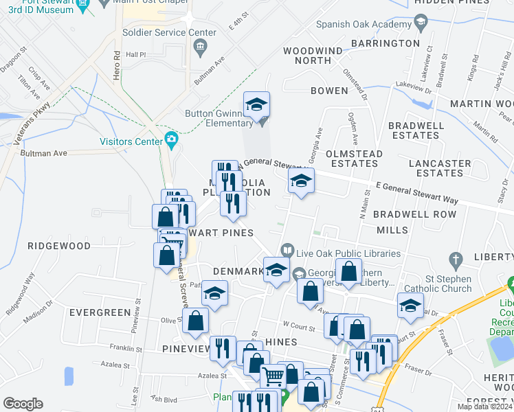 map of restaurants, bars, coffee shops, grocery stores, and more near 232 Magnolia Plantation Court in Hinesville
