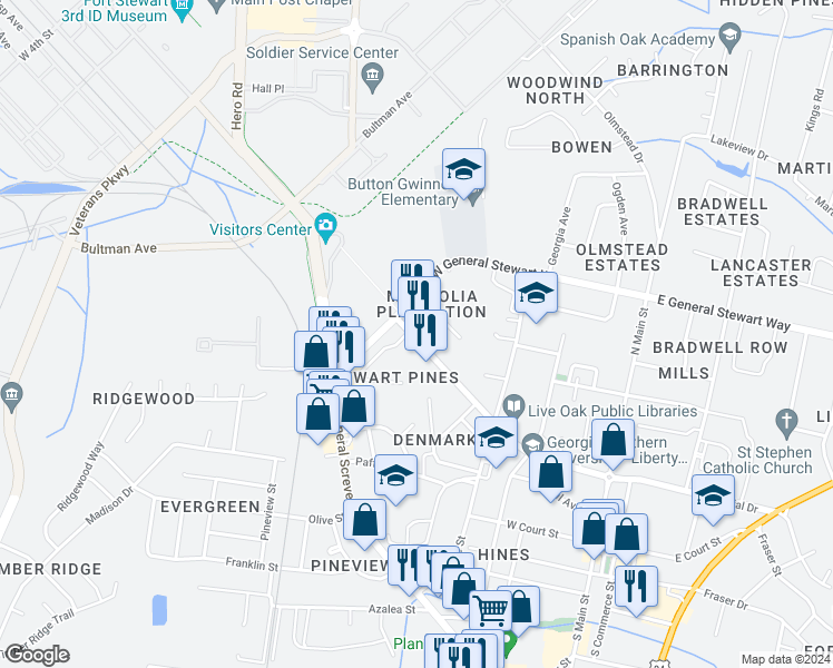 map of restaurants, bars, coffee shops, grocery stores, and more near 121 Magnolia Plantation Court in Hinesville
