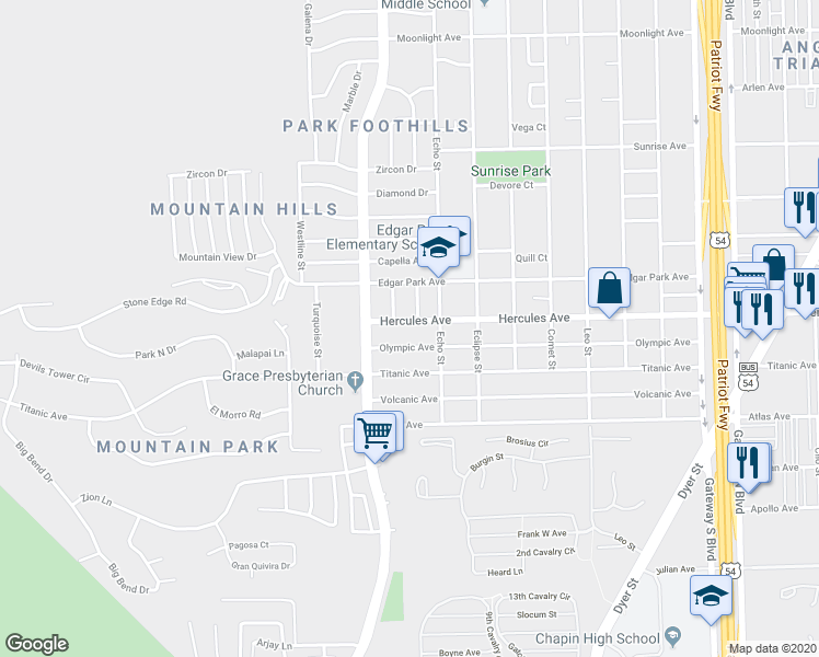 map of restaurants, bars, coffee shops, grocery stores, and more near 3505 Olympic Avenue in El Paso