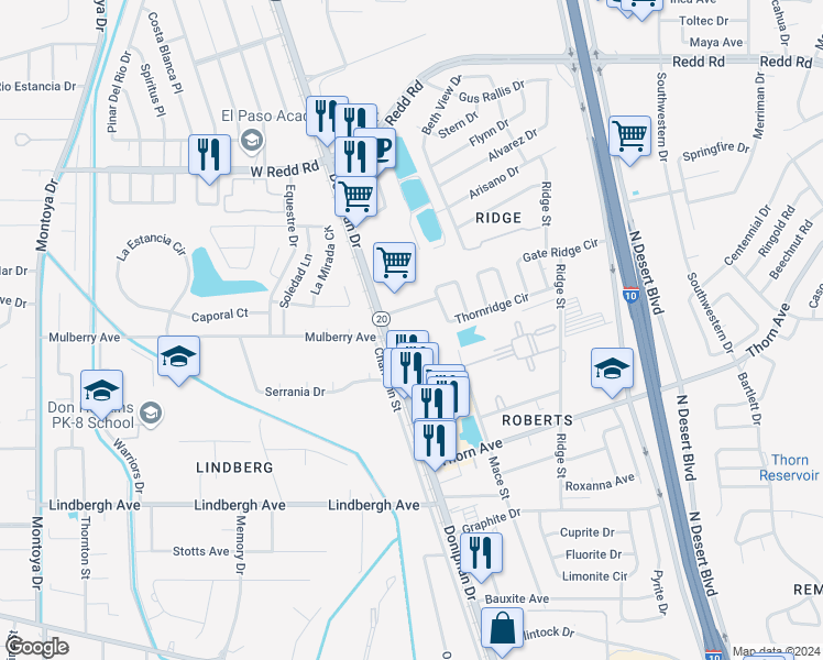 map of restaurants, bars, coffee shops, grocery stores, and more near 5368 Doniphan Drive in El Paso