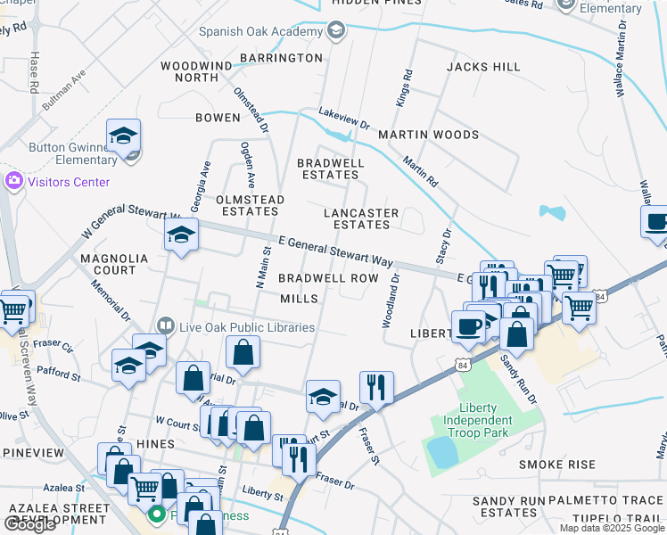 map of restaurants, bars, coffee shops, grocery stores, and more near 408 Bradwell Street in Hinesville