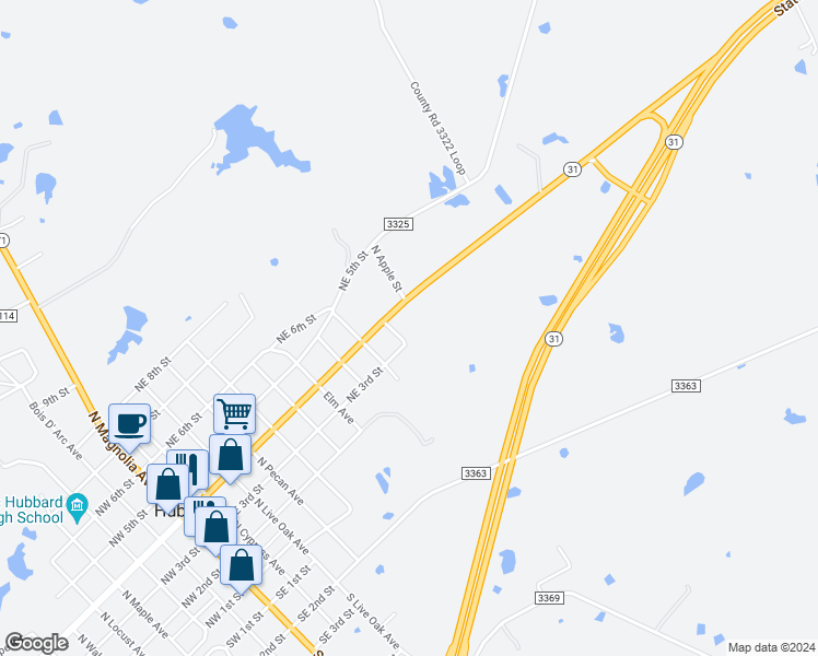 map of restaurants, bars, coffee shops, grocery stores, and more near 907 Northeast 3rd Street in Hubbard