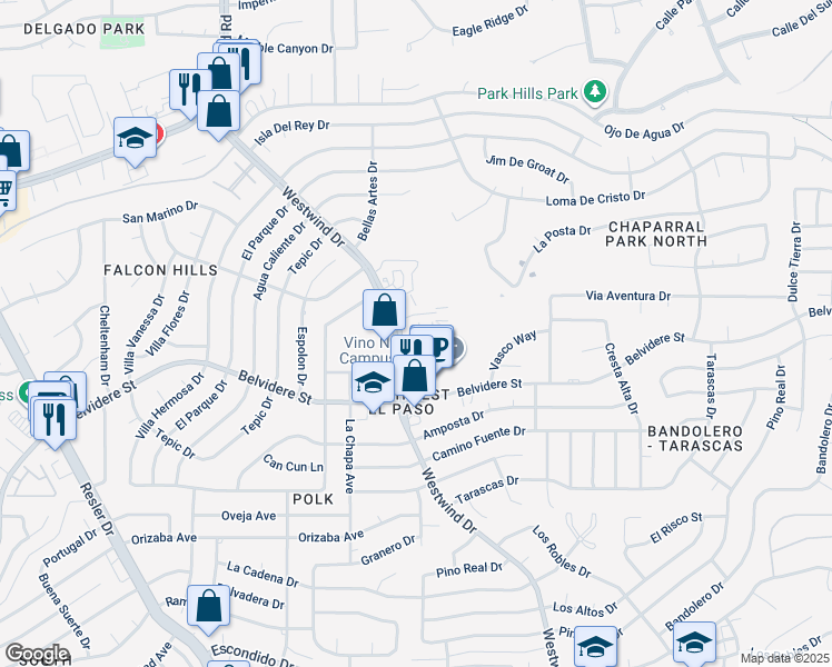 map of restaurants, bars, coffee shops, grocery stores, and more near 6680 Red Canyon Sage Lane in El Paso