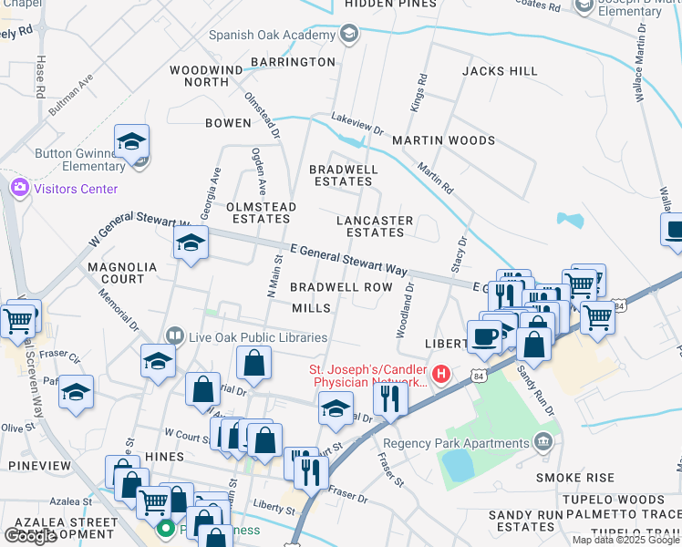 map of restaurants, bars, coffee shops, grocery stores, and more near 503 Bradwell Street in Hinesville