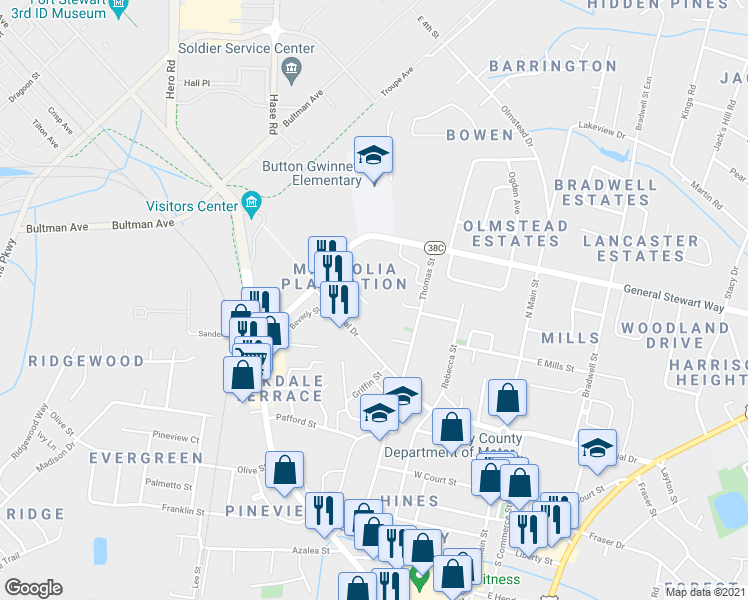 map of restaurants, bars, coffee shops, grocery stores, and more near 224 Magnolia Plantation Court in Hinesville