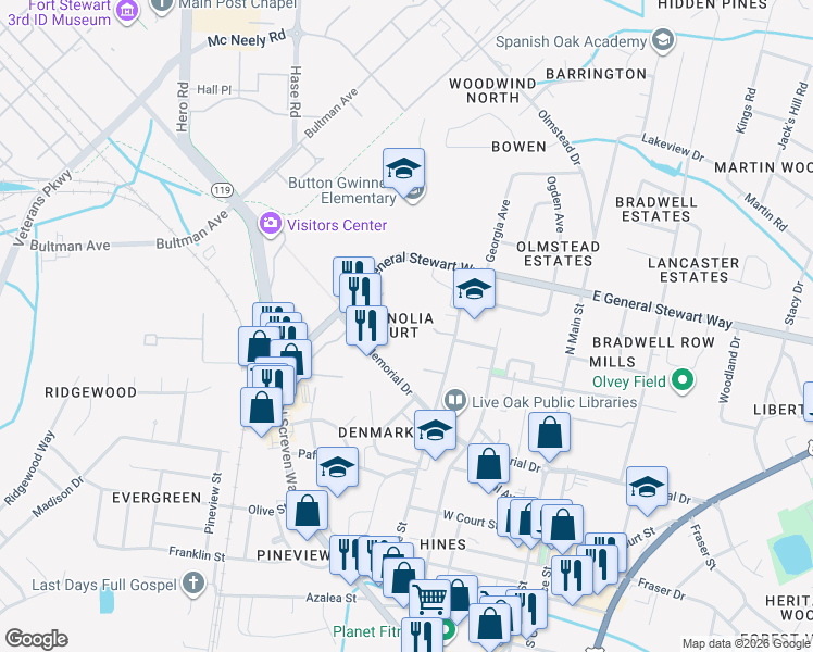 map of restaurants, bars, coffee shops, grocery stores, and more near 236 Magnolia Plantation Court in Hinesville