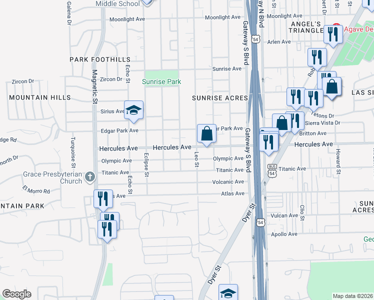 map of restaurants, bars, coffee shops, grocery stores, and more near 3916 Olympic Avenue in El Paso