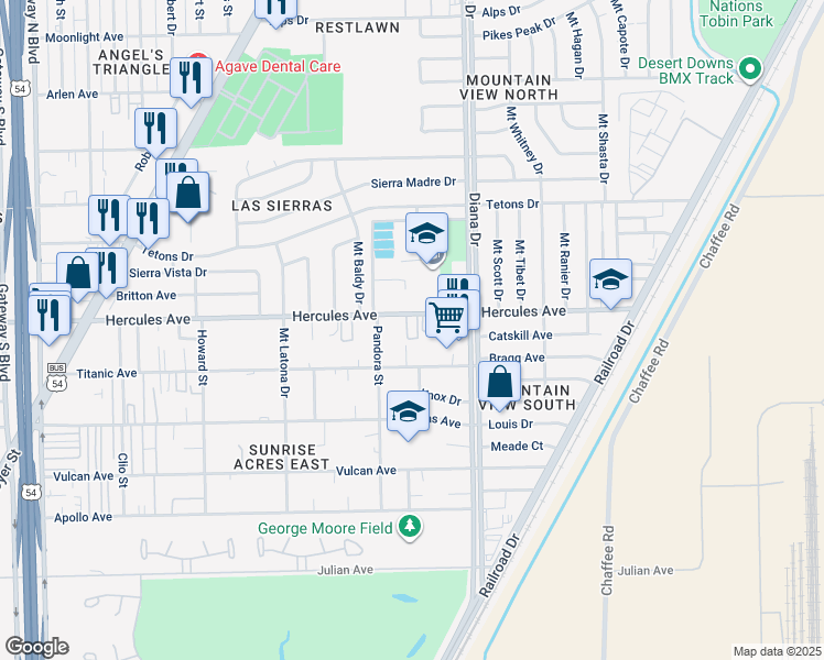 map of restaurants, bars, coffee shops, grocery stores, and more near 49311 Hercules Avenue in El Paso