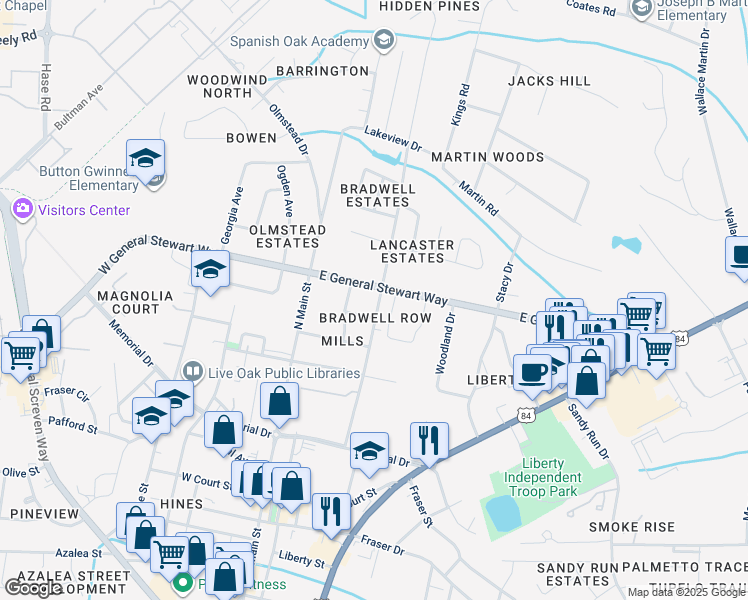 map of restaurants, bars, coffee shops, grocery stores, and more near in Hinesville