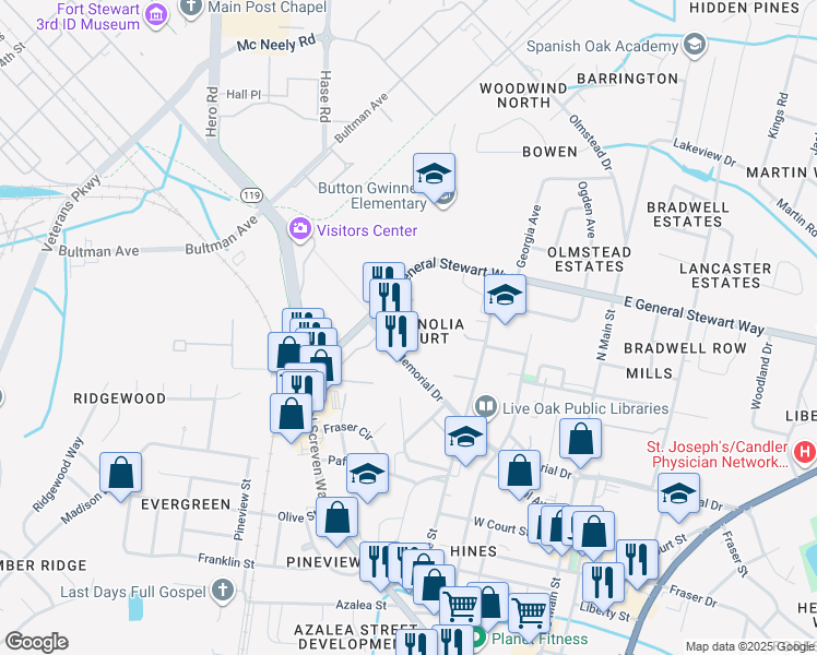 map of restaurants, bars, coffee shops, grocery stores, and more near 106 Magnolia Plantation Court in Hinesville