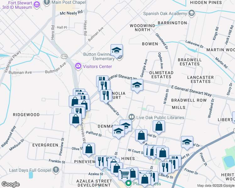 map of restaurants, bars, coffee shops, grocery stores, and more near 225 Magnolia Plantation Court in Hinesville