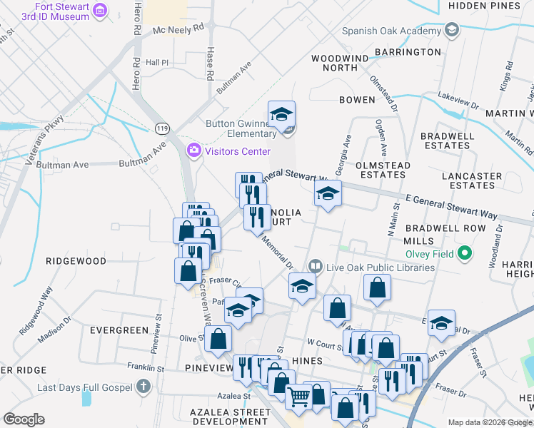map of restaurants, bars, coffee shops, grocery stores, and more near 225 Magnolia Plantation Court in Hinesville