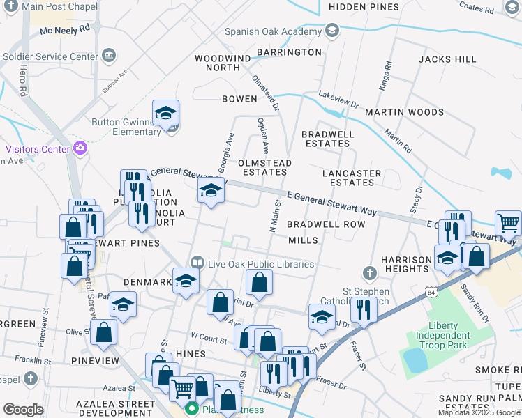 map of restaurants, bars, coffee shops, grocery stores, and more near 104 Stewart Terrace in Hinesville