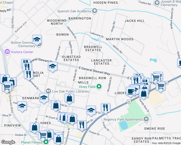 map of restaurants, bars, coffee shops, grocery stores, and more near 206 General Stewart Way in Hinesville