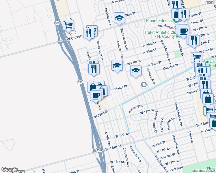 map of restaurants, bars, coffee shops, grocery stores, and more near 2416 Santa Cruz Ln in Odessa
