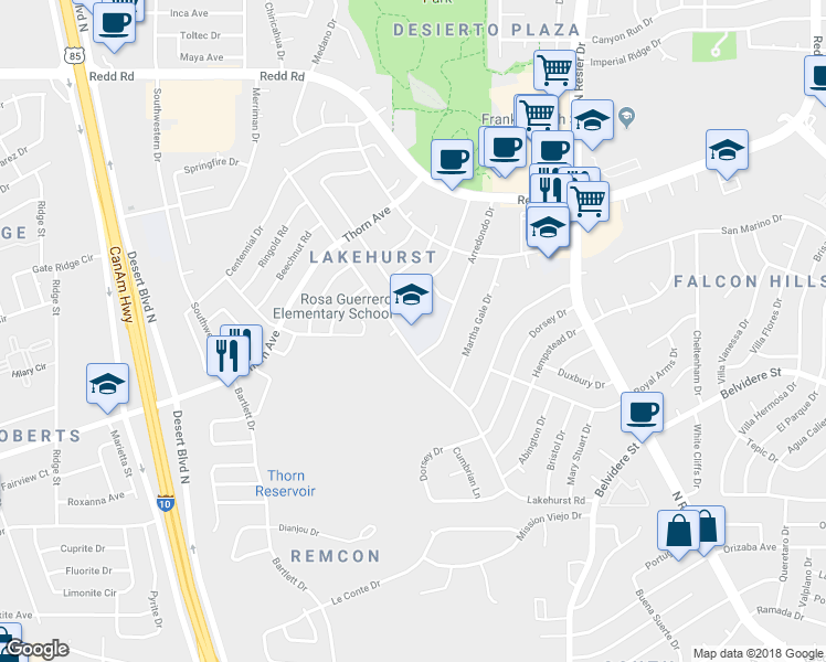 map of restaurants, bars, coffee shops, grocery stores, and more near 7530 Lakehurst Road in El Paso