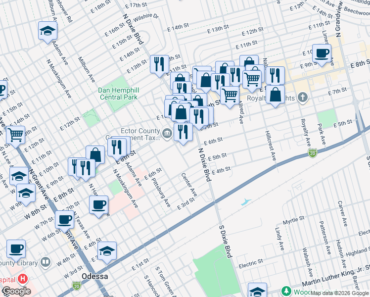 map of restaurants, bars, coffee shops, grocery stores, and more near 1006 E 7th St in Odessa