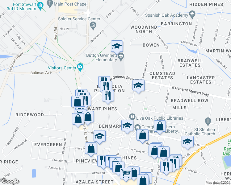 map of restaurants, bars, coffee shops, grocery stores, and more near 225 Magnolia Plantation Court in Hinesville