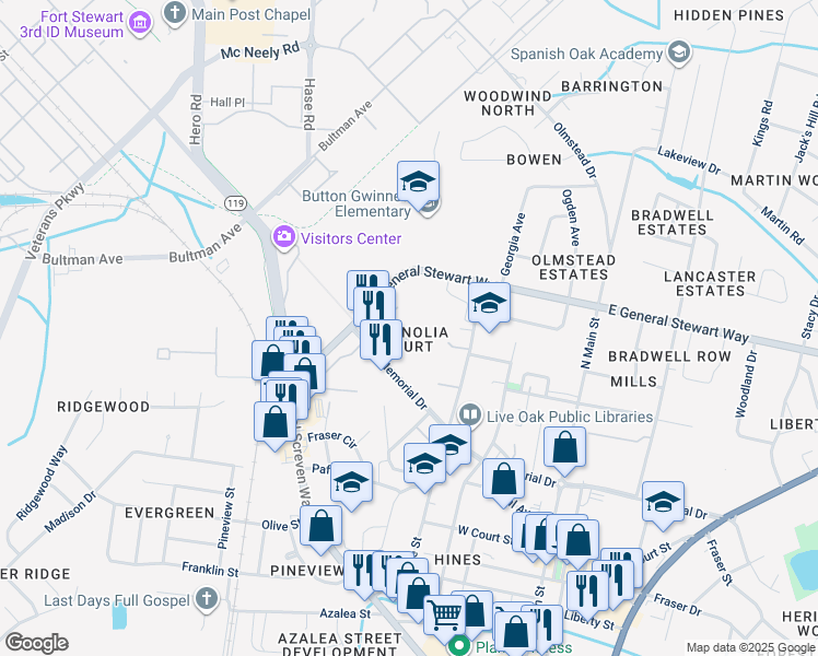 map of restaurants, bars, coffee shops, grocery stores, and more near 225 Magnolia Plantation Court in Hinesville