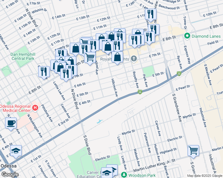 map of restaurants, bars, coffee shops, grocery stores, and more near 1416 East 5th Street in Odessa