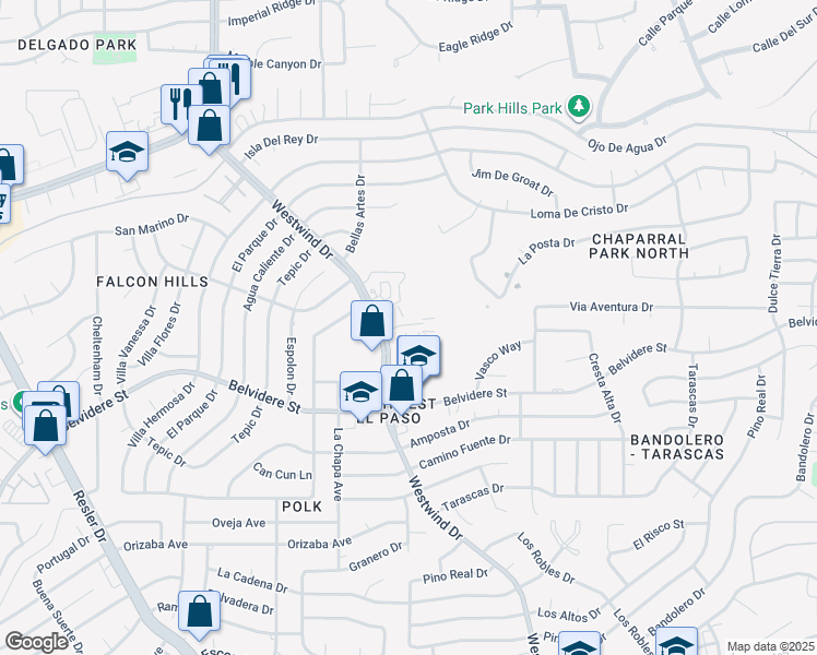 map of restaurants, bars, coffee shops, grocery stores, and more near 6696 Boulder Canyon Lane in El Paso