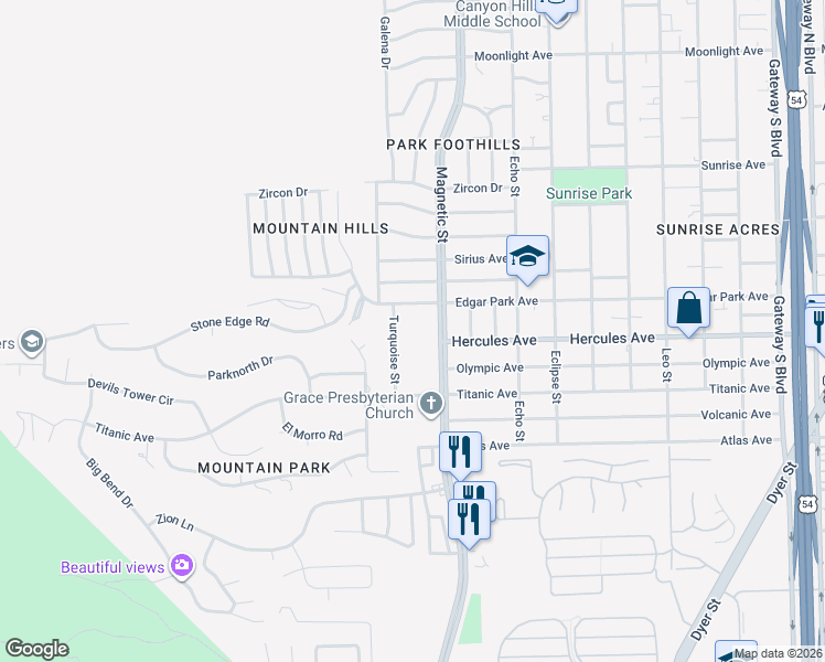 map of restaurants, bars, coffee shops, grocery stores, and more near 8305 Magnetic Street in El Paso
