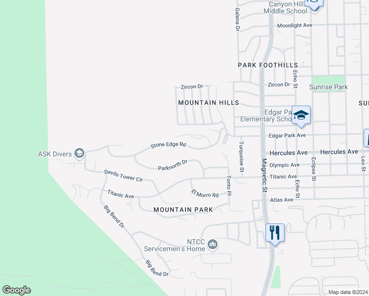 map of restaurants, bars, coffee shops, grocery stores, and more near 3125 Stone Edge Road in El Paso