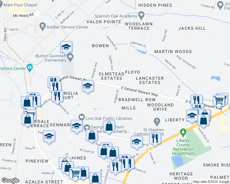 map of restaurants, bars, coffee shops, grocery stores, and more near 513 North Main Street in Hinesville