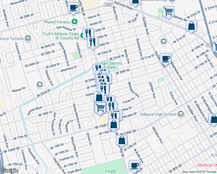 map of restaurants, bars, coffee shops, grocery stores, and more near 1211-1213 West 19th Street in Odessa