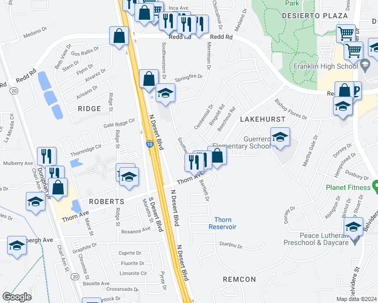 map of restaurants, bars, coffee shops, grocery stores, and more near 8692 Pilgrimage Circle in El Paso