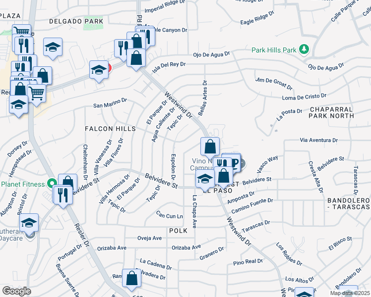 map of restaurants, bars, coffee shops, grocery stores, and more near 6729 Villa Hermosa Drive in El Paso