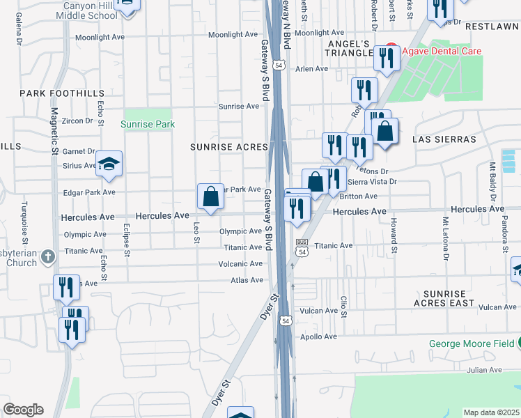 map of restaurants, bars, coffee shops, grocery stores, and more near 4216 Dawkins Court in El Paso