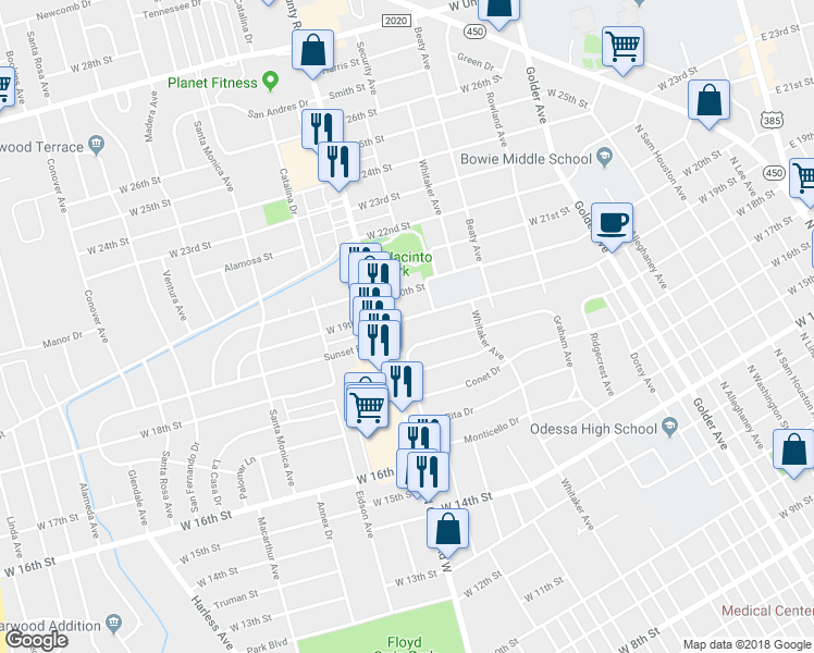 map of restaurants, bars, coffee shops, grocery stores, and more near 1211 West 19th Street in Odessa