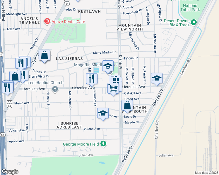map of restaurants, bars, coffee shops, grocery stores, and more near 49311 Hercules Avenue in El Paso