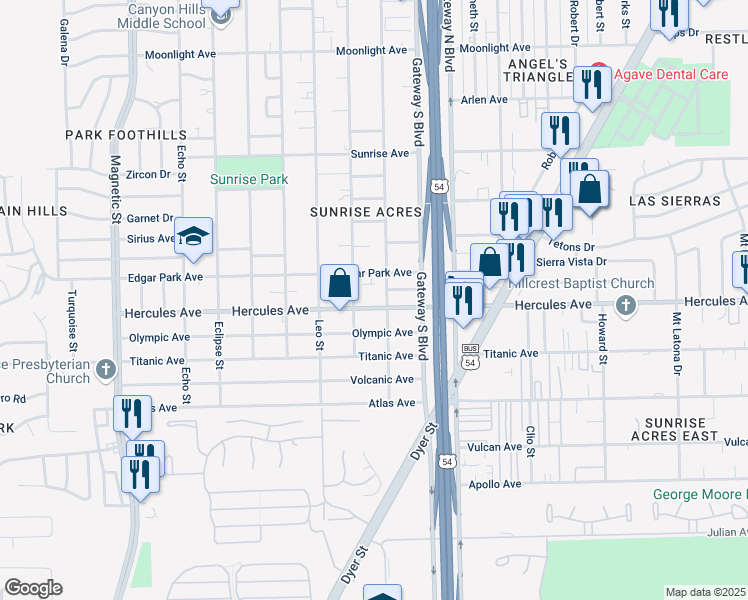 map of restaurants, bars, coffee shops, grocery stores, and more near 4125 Hercules Avenue in El Paso