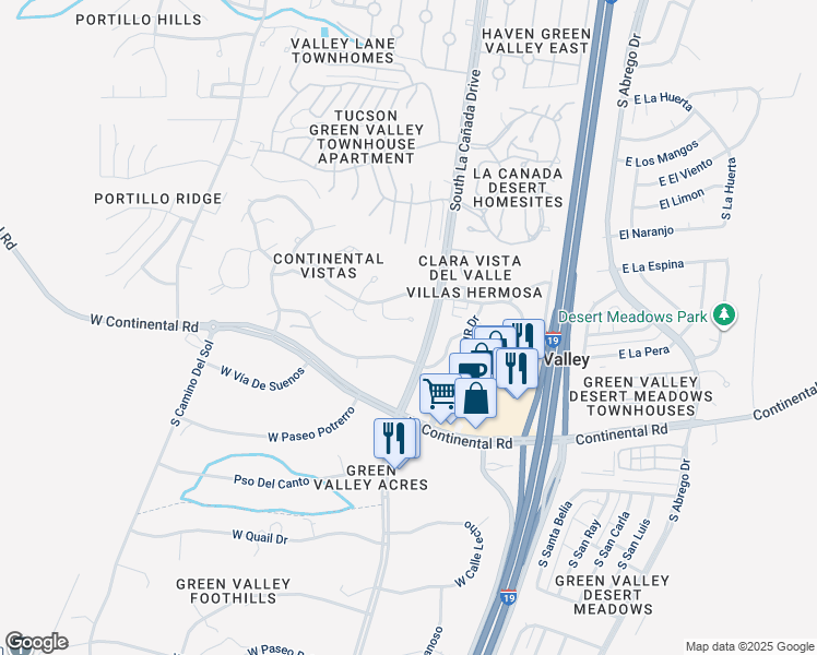map of restaurants, bars, coffee shops, grocery stores, and more near 517 West Ocotillo Place in Green Valley