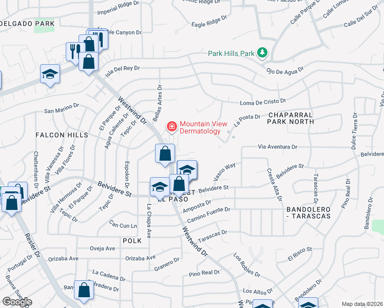 map of restaurants, bars, coffee shops, grocery stores, and more near 6723 Boulder Canyon Lane in El Paso