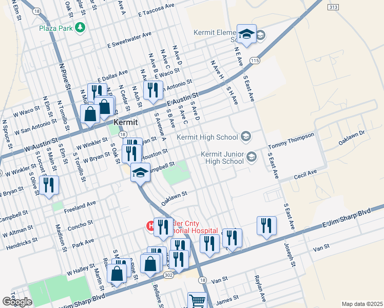 map of restaurants, bars, coffee shops, grocery stores, and more near 417 South B Avenue in Kermit