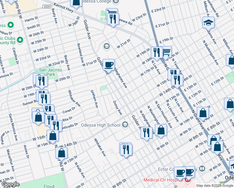 map of restaurants, bars, coffee shops, grocery stores, and more near 759-799 W 17th St in Odessa
