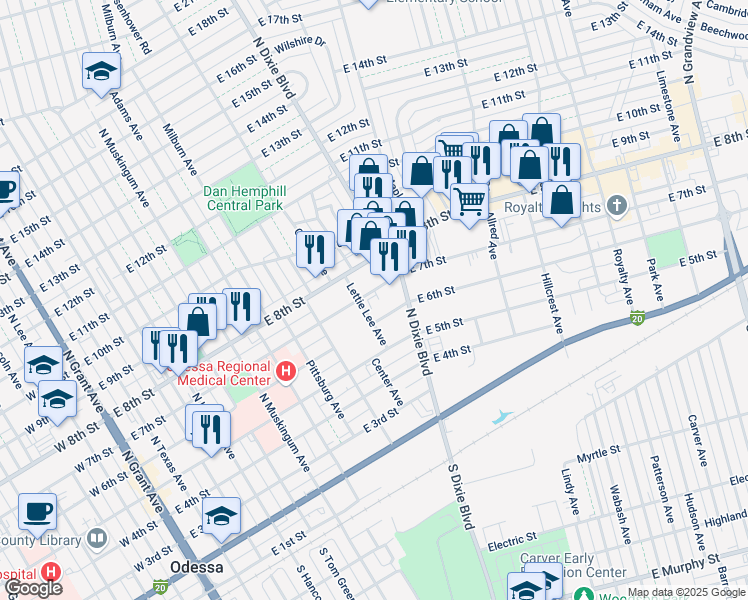 map of restaurants, bars, coffee shops, grocery stores, and more near 1006 East 7th Street in Odessa
