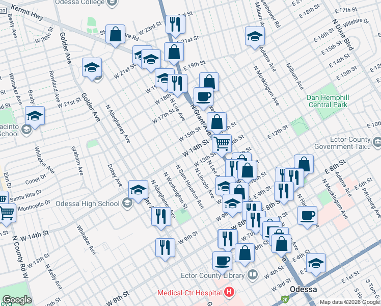 map of restaurants, bars, coffee shops, grocery stores, and more near 1313 N Lee Ave in Odessa