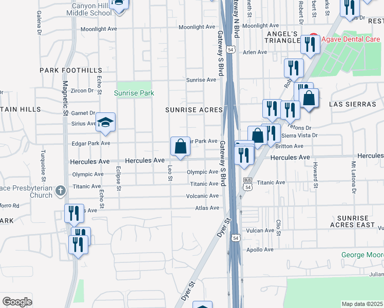 map of restaurants, bars, coffee shops, grocery stores, and more near 4125 Hercules Avenue in El Paso
