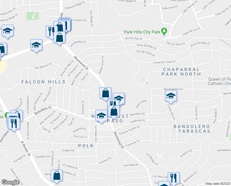 map of restaurants, bars, coffee shops, grocery stores, and more near 6696 Boulder Canyon Lane in El Paso