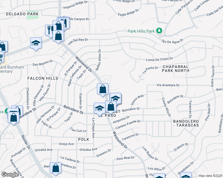 map of restaurants, bars, coffee shops, grocery stores, and more near 6696 Boulder Canyon Lane in El Paso