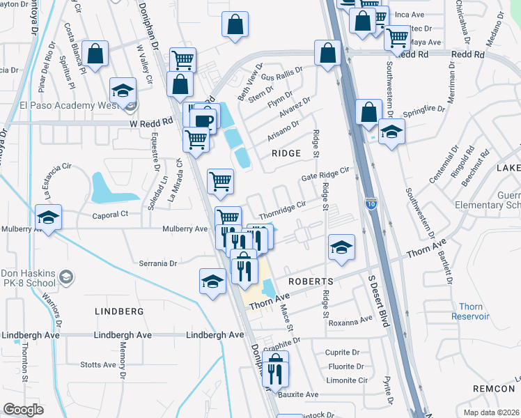 map of restaurants, bars, coffee shops, grocery stores, and more near 5424 Thornridge Circle in El Paso
