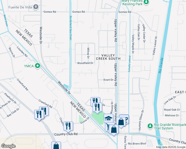 map of restaurants, bars, coffee shops, grocery stores, and more near 5420 Connor's Lane in El Paso