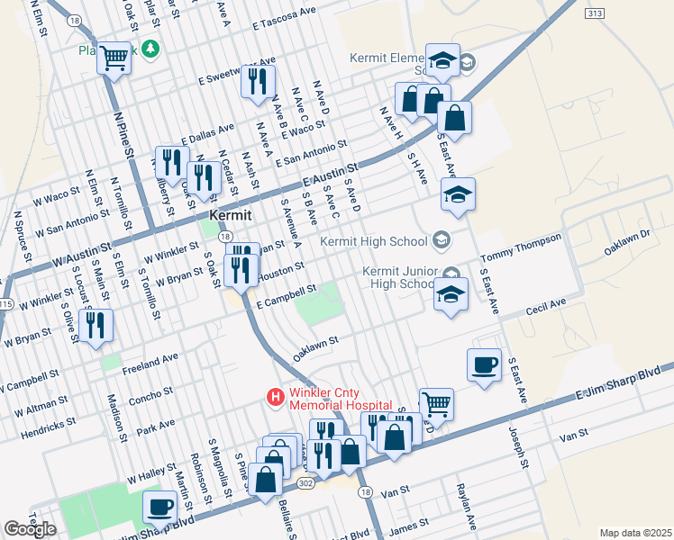 map of restaurants, bars, coffee shops, grocery stores, and more near 417 South B Avenue in Kermit