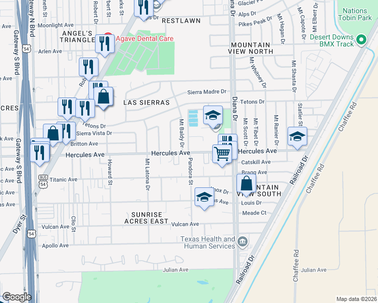 map of restaurants, bars, coffee shops, grocery stores, and more near 4901 Hercules Avenue in El Paso